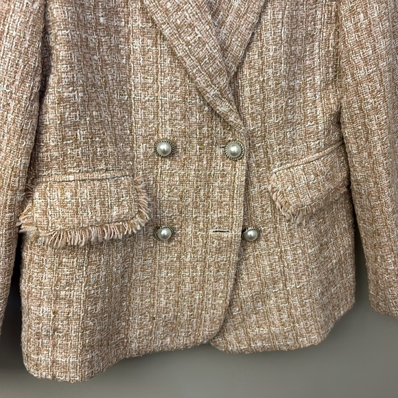 Pink & Cream Tweed Double Breasted Blazer Faux Pearl Buttons size Medium - Picture 4 of 11